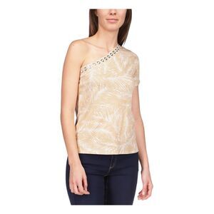 MICHAEL MICHAEL KORS Womens Beige Logo Tab Grommet Short Sleeve Top L